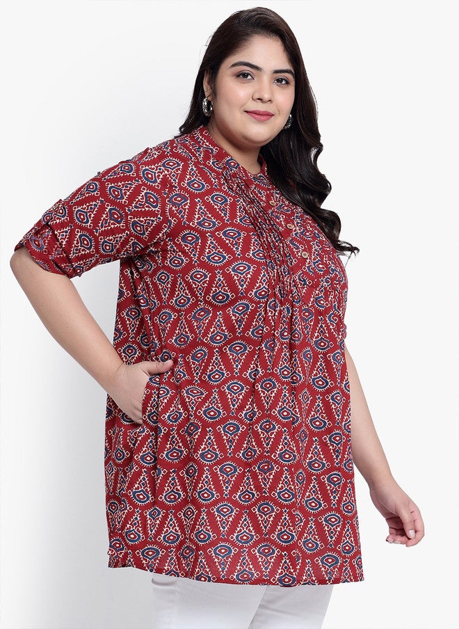 Indietoga Plus Size Geometric Printed Cotton Casual Tunic - Image 3